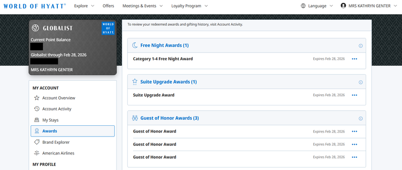 Hyatt Hotel Guest of Honor (GOH) Award Globalist up to 7 Nights Valid Until 02/28/2027 3 use hyatt guest of honor 1